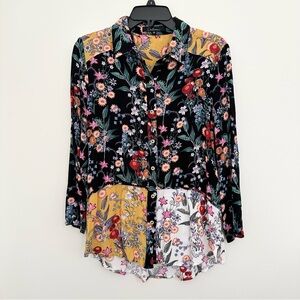 CALEAAS Floral Patchwork Button Down Rayon Blouse Women's Medium Vintage Retro